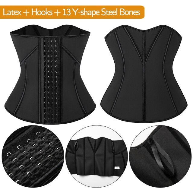 Boned Latex Waist Trainer Corset for Women, designed for weight loss and body shaping, featuring a sleek design and comfortable materials.