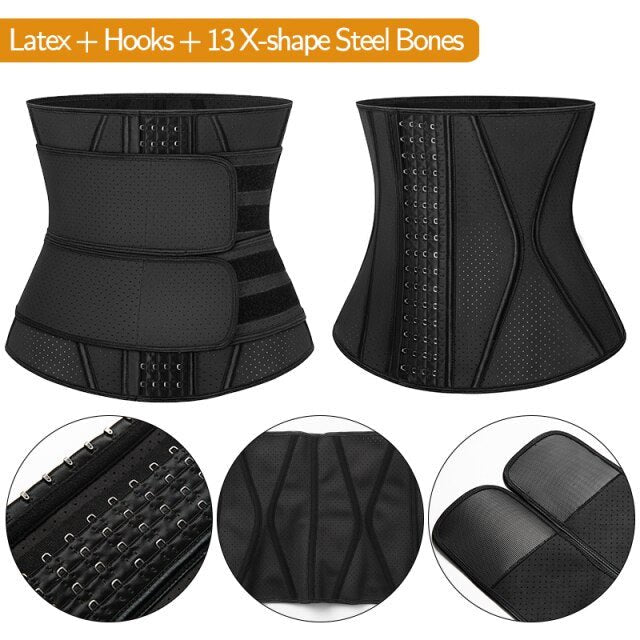 Boned Latex Waist Trainer Corset for Women, designed for weight loss and body shaping, featuring a sleek design and comfortable materials.