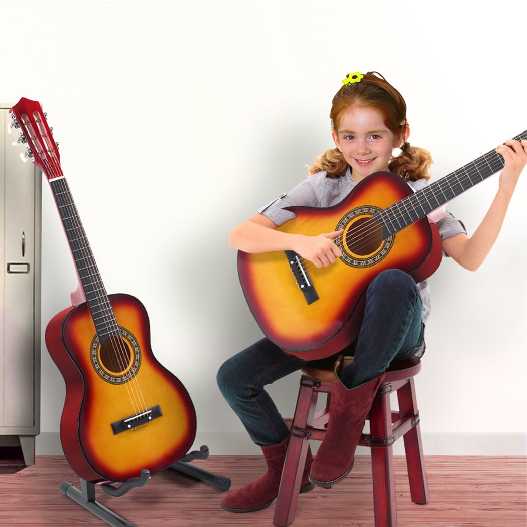 BoPeep 34 Inch Wooden Folk Acoustic Guitar in pink, featuring a cutaway design, laminated linden body, and eco-rosewood fingerboard.