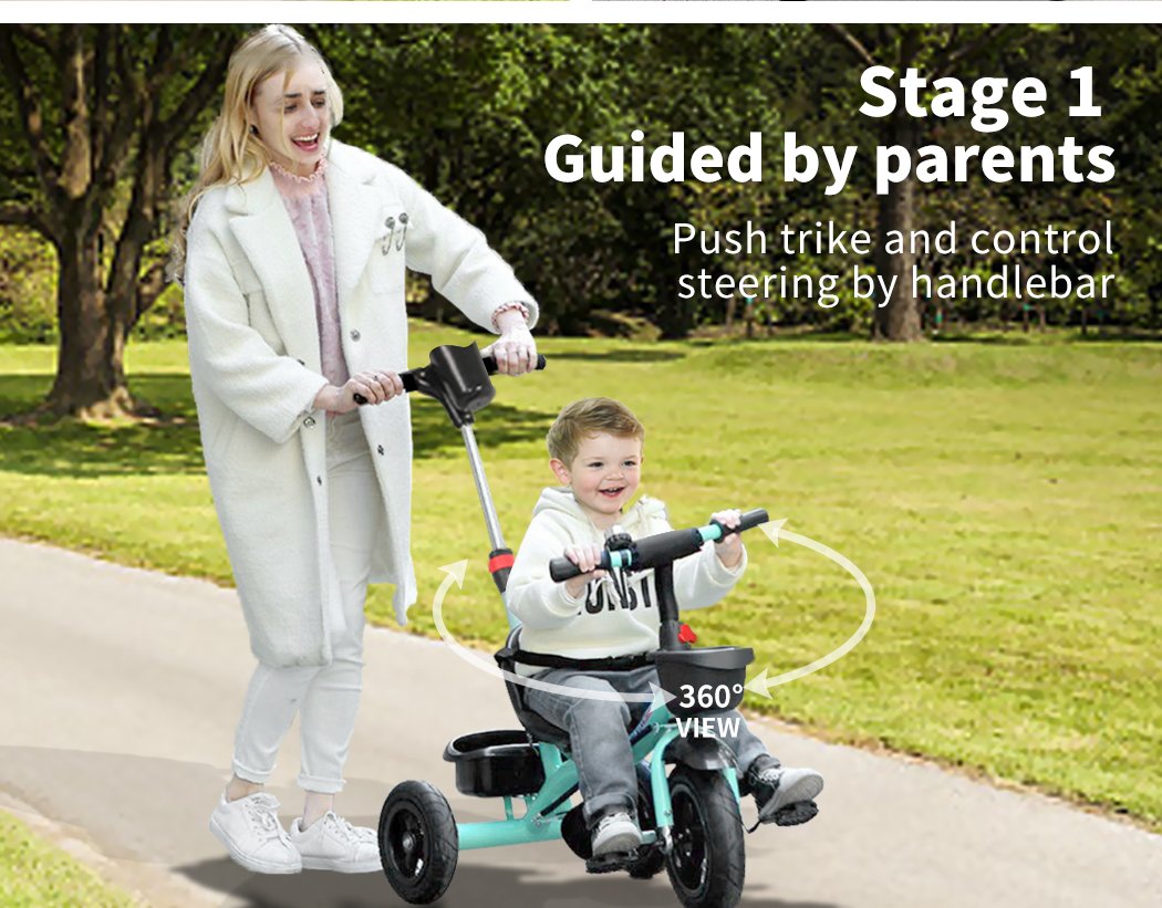 BoPeep Baby Walker Kids Tricycle in green color, featuring a removable handle, spacious seat, and storage basket, designed for toddlers aged 18 months to 6 years.