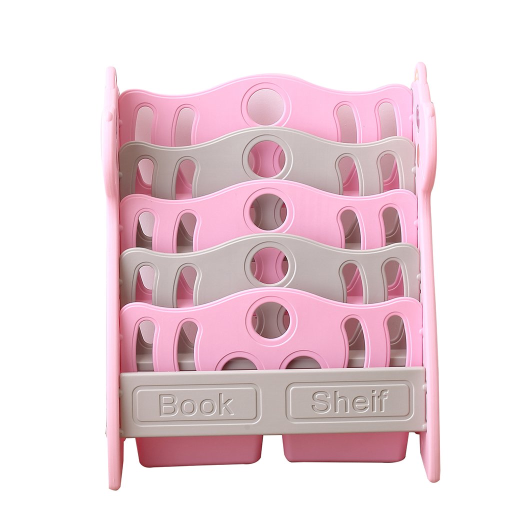 BoPeep Kids Bookshelf in vibrant giraffe design, featuring four deep shelves and two storage boxes, perfect for children's books.