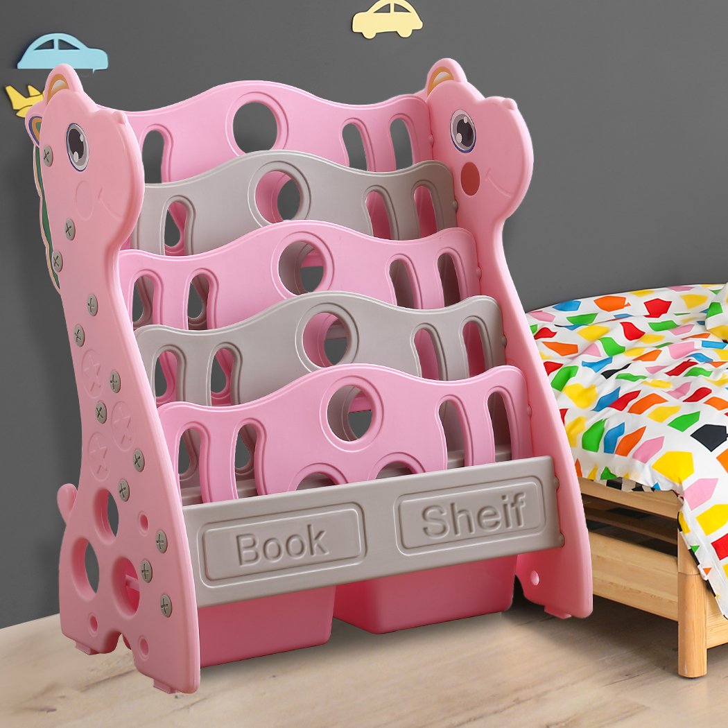 BoPeep Kids Bookshelf in vibrant giraffe design, featuring four deep shelves and two storage boxes, perfect for children's books.