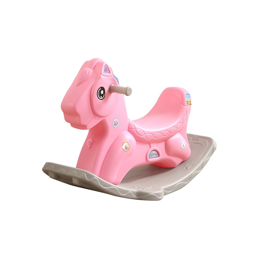 BoPeep Kids Rocking Horse in pink, designed for toddlers, featuring a safe rocking angle and wide foot padel for stability.