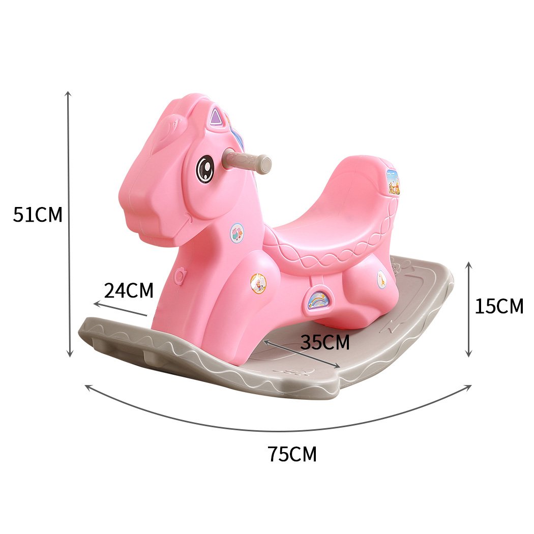 BoPeep Kids Rocking Horse in pink, designed for toddlers, featuring a safe rocking angle and wide foot padel for stability.