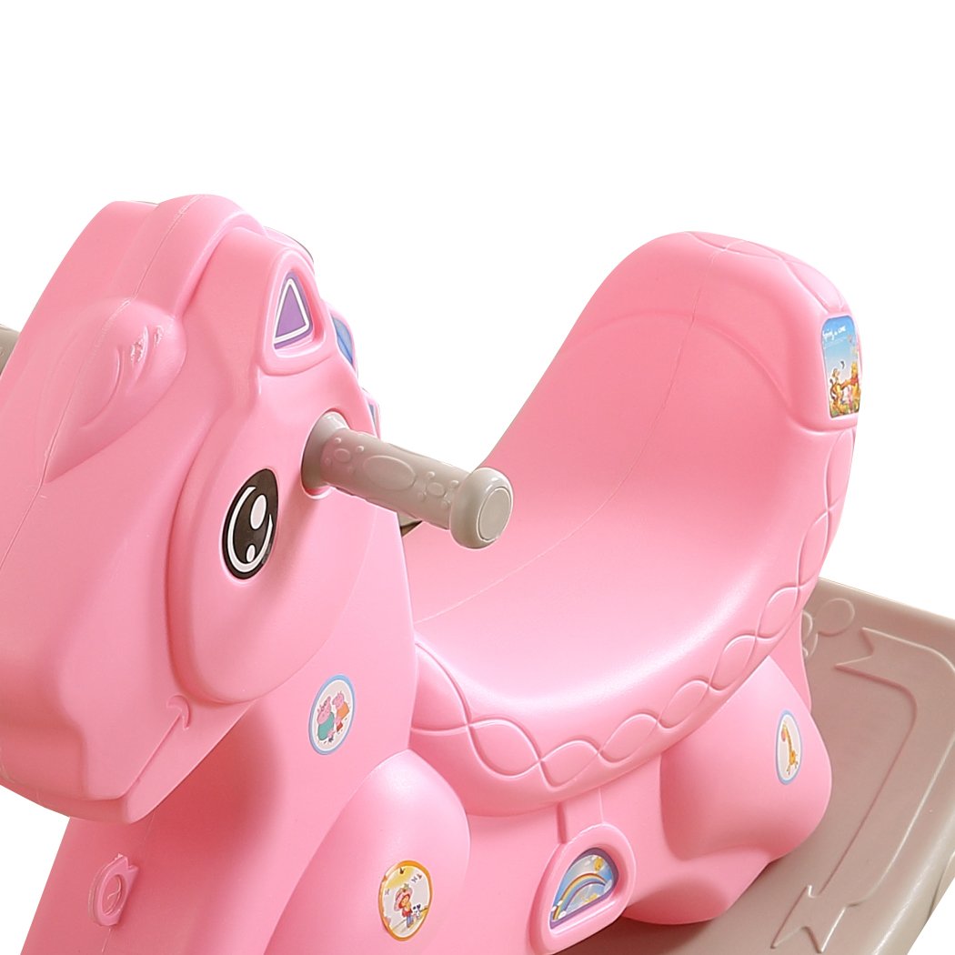BoPeep Kids Rocking Horse in pink, designed for toddlers, featuring a safe rocking angle and wide foot padel for stability.