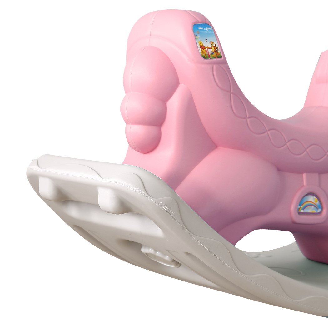 BoPeep Kids Rocking Horse in pink, designed for toddlers, featuring a safe rocking angle and wide foot padel for stability.
