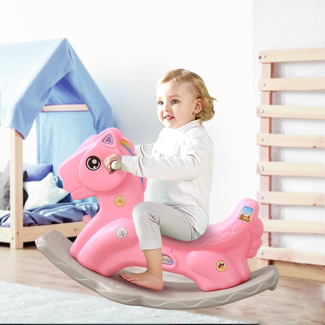 BoPeep Kids Rocking Horse in pink, designed for toddlers, featuring a safe rocking angle and wide foot padel for stability.