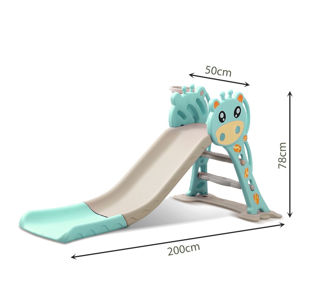 BoPeep Kids Slide Outdoor Basketball Ring Activity Center featuring a green slide, basketball hoop, and climbing stairs designed for toddlers.