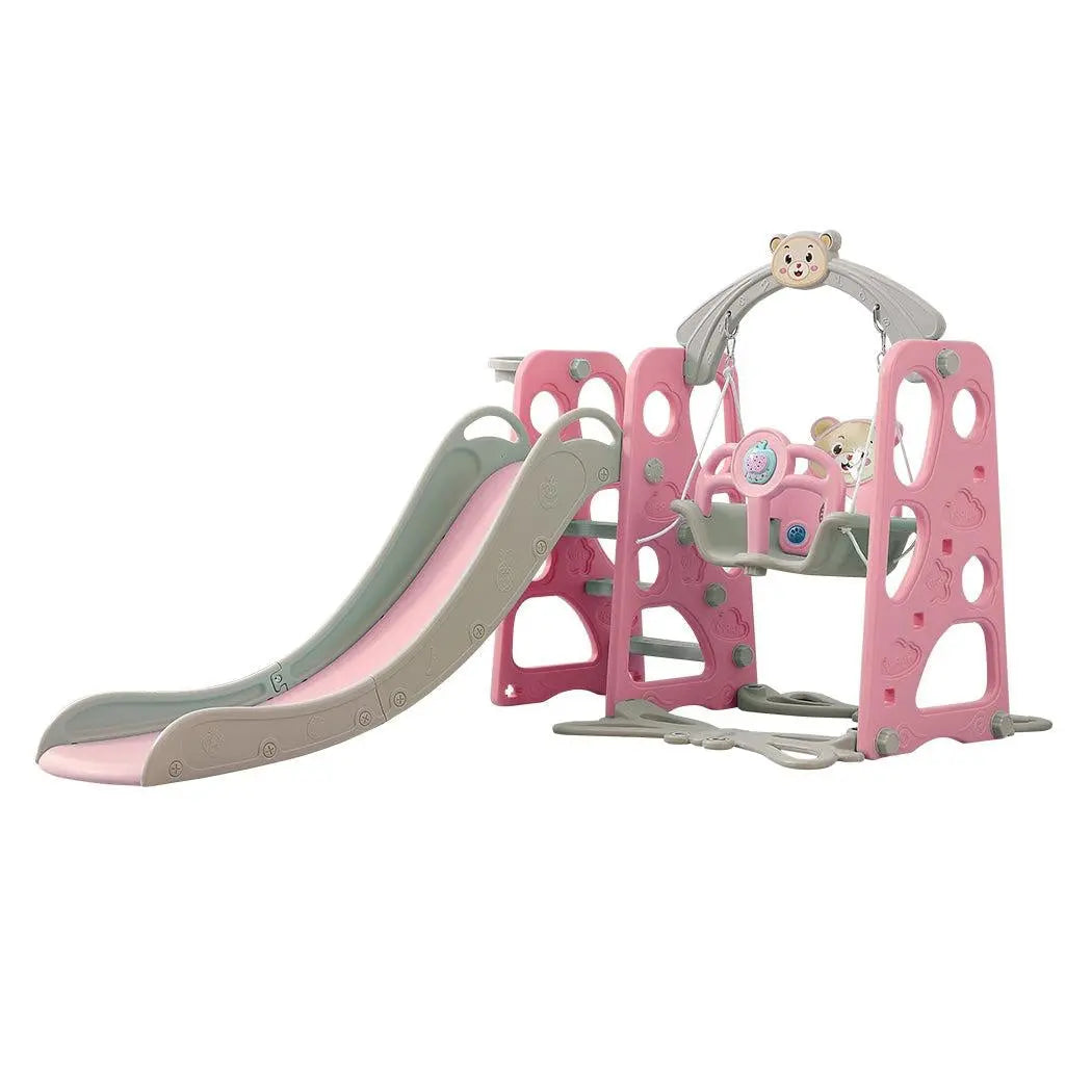 BoPeep Kids Slide Swing Basketball Ring Activity Center featuring a pink slide, swing, and basketball hoop for toddlers.