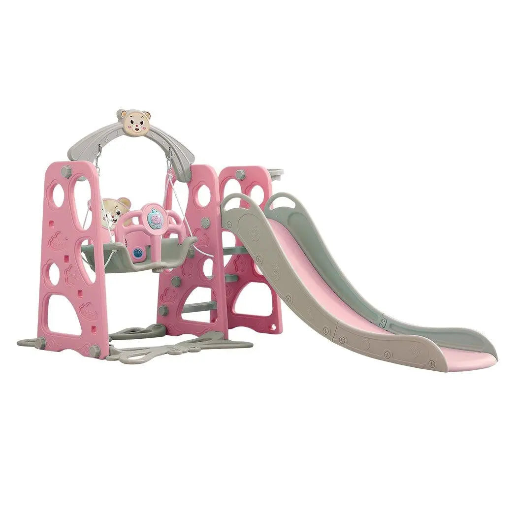 BoPeep Kids Slide Swing Basketball Ring Activity Center featuring a pink slide, swing, and basketball hoop for toddlers.
