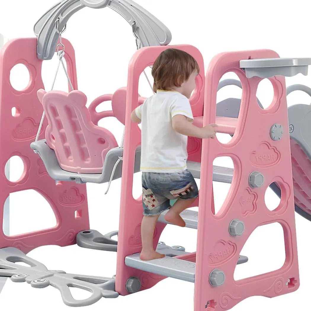 BoPeep Kids Slide Swing Basketball Ring Activity Center featuring a pink slide, swing, and basketball hoop for toddlers.