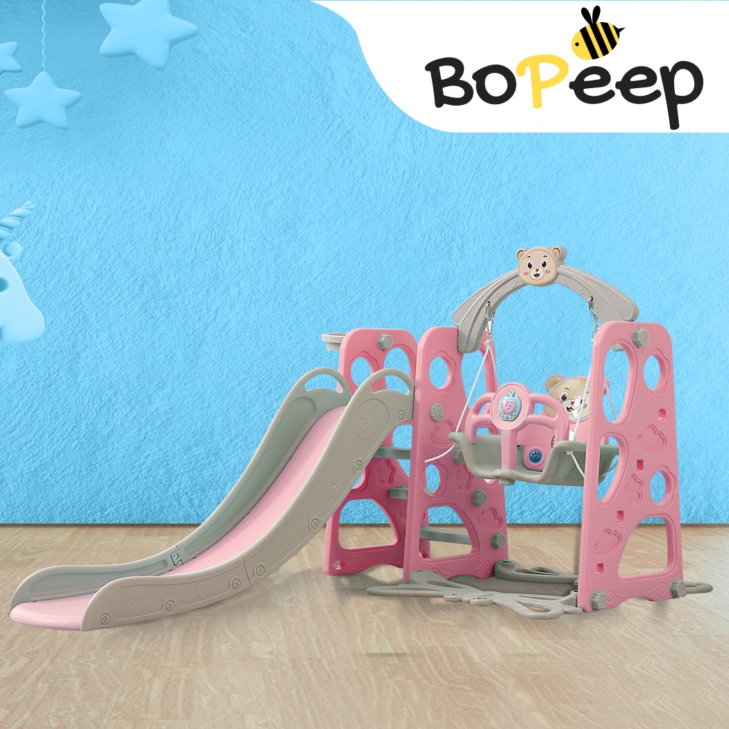 BoPeep Kids Slide Swing Basketball Ring Activity Center featuring a pink slide, swing, and basketball hoop for toddlers.