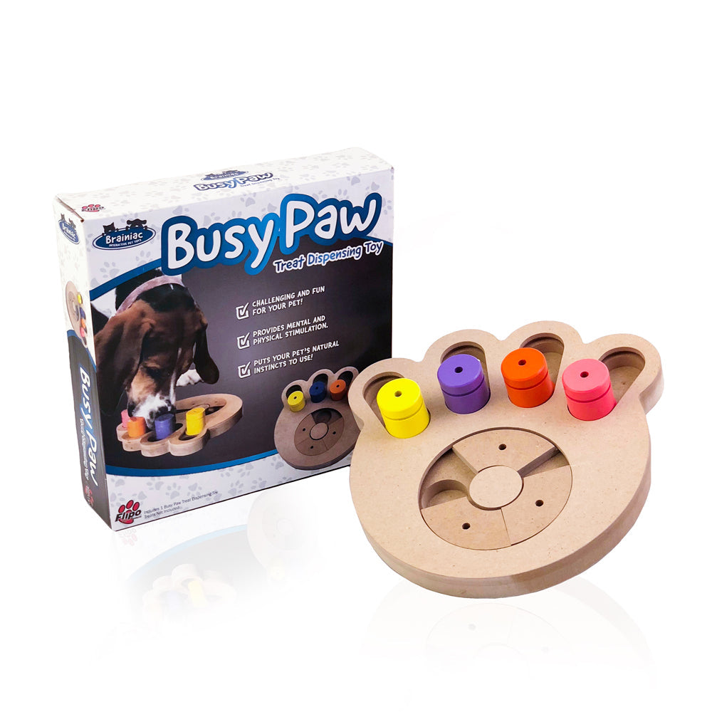 Brainiac Busy Paw Interactive Pet Toy designed for engaging pets with treat dispensing features and durable construction.