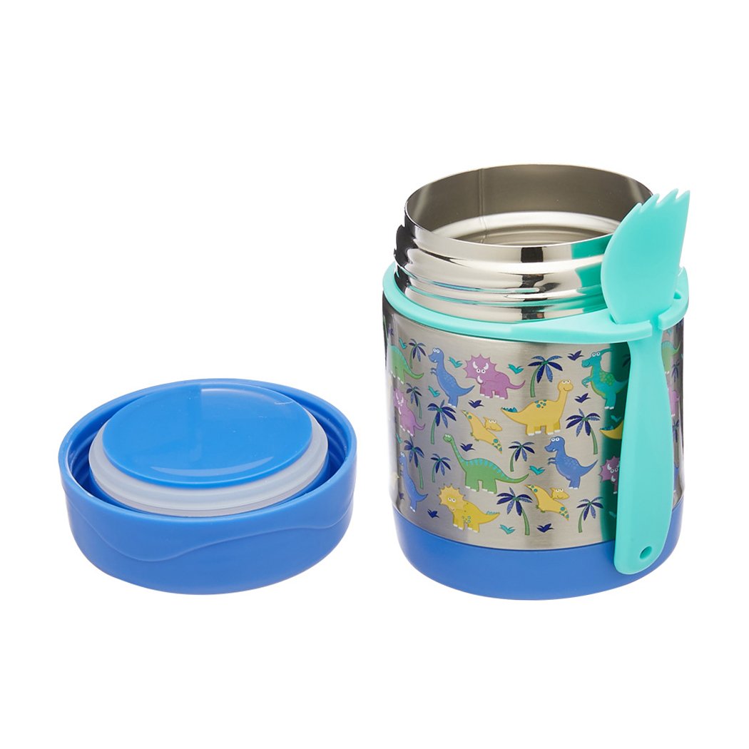 Braised Beaker Kid Stainless Vacuum Insulated Food Jar in navy color with cartoon designs, includes a spoon.