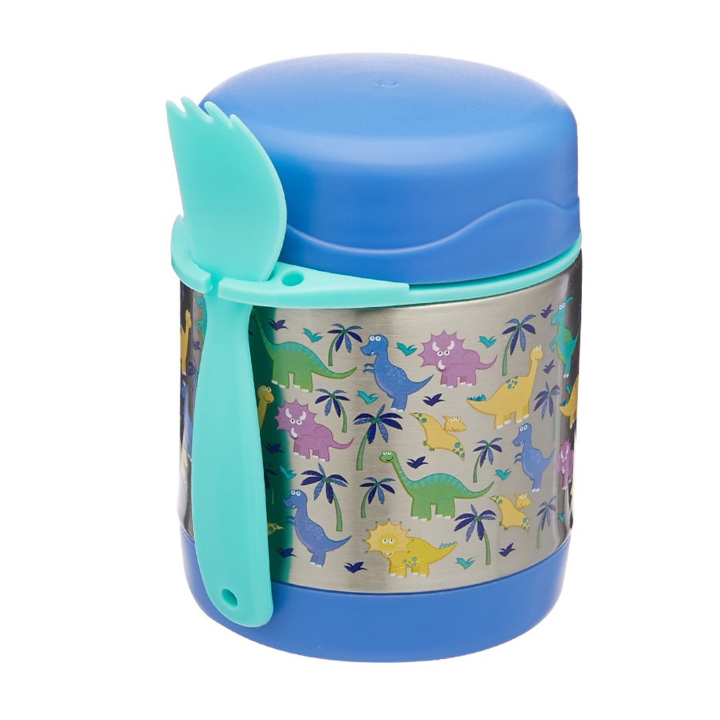 Braised Beaker Kid Stainless Vacuum Insulated Food Jar in navy color with cartoon designs, includes a spoon.