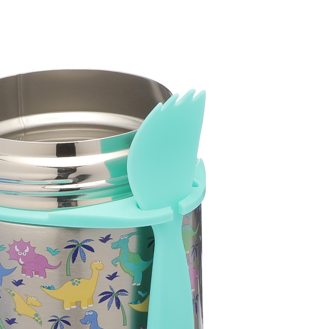 Braised Beaker Kid Stainless Vacuum Insulated Food Jar in navy color with cartoon designs, includes a spoon.