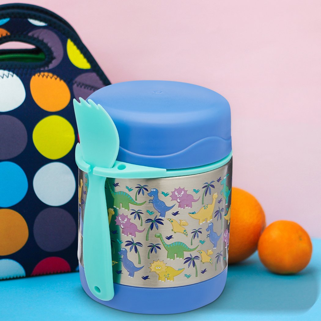 Braised Beaker Kid Stainless Vacuum Insulated Food Jar in navy color with cartoon designs, includes a spoon.