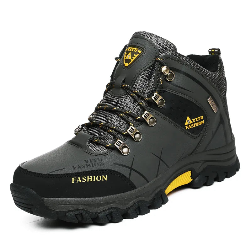 Brand Men Winter Snow Boots in waterproof leather, featuring a lace-up design and plush lining for warmth, perfect for winter outdoor activities.