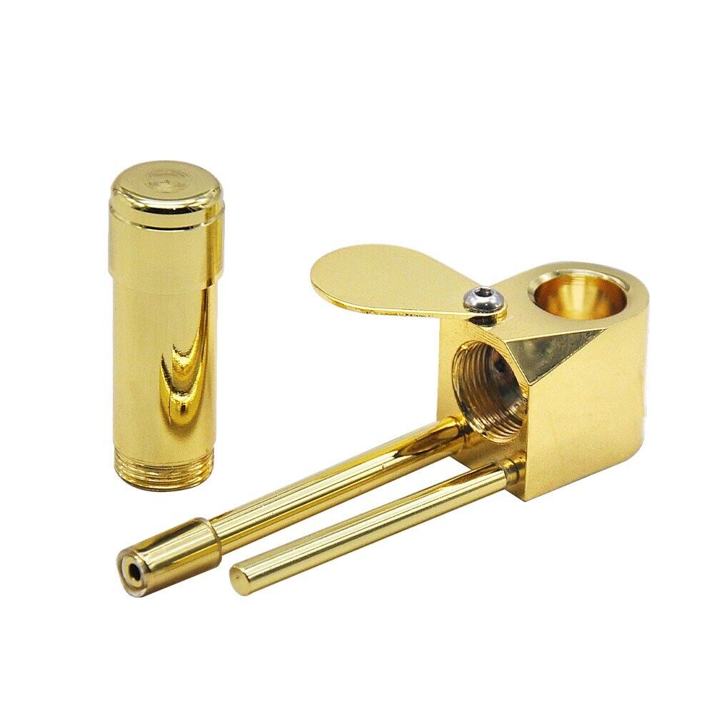 Brass Tobacco Smoking Pipe with Stash Storage Cylinder, featuring a close-able lid and elegant design.