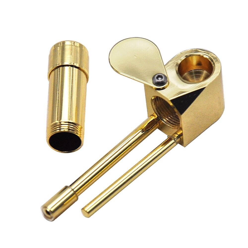 Brass Tobacco Smoking Pipe with Stash Storage Cylinder, featuring a close-able lid and elegant design.