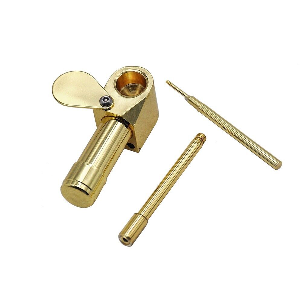 Brass Tobacco Smoking Pipe with Stash Storage Cylinder, featuring a close-able lid and elegant design.