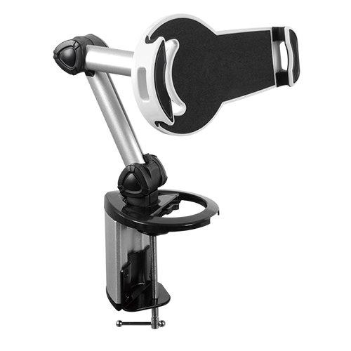 Brateck 2-IN-1 Aluminum Tablet Desk Clamp Holder mounted on a desk, showcasing its adjustable features and sleek design.