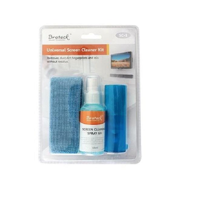 Brateck 3-In-1 Screen Cleaner Kit with 60ml cleaner, microfiber cloth, and soft brush for effective screen cleaning.