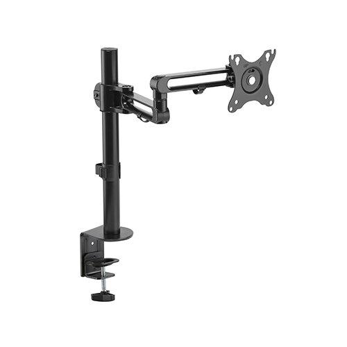Brateck Articulating Aluminum Single Monitor Arm in matte black, showcasing its adjustable features and sleek design.