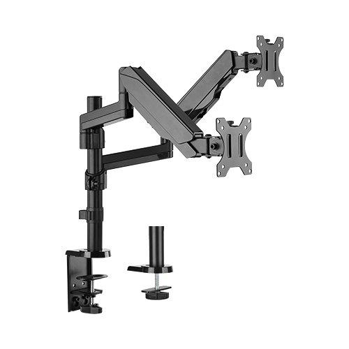 Brateck Dual Monitor Arm showcasing dual screens with gas spring adjustments in a modern office setting.
