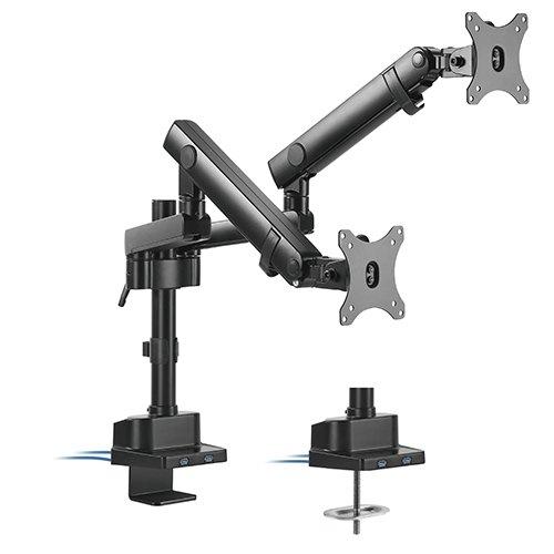 Brateck Dual Monitor Aluminum Slim Pole Held Mechanical Spring Monitor Arm with dual screens mounted, showcasing its sleek design and USB ports.