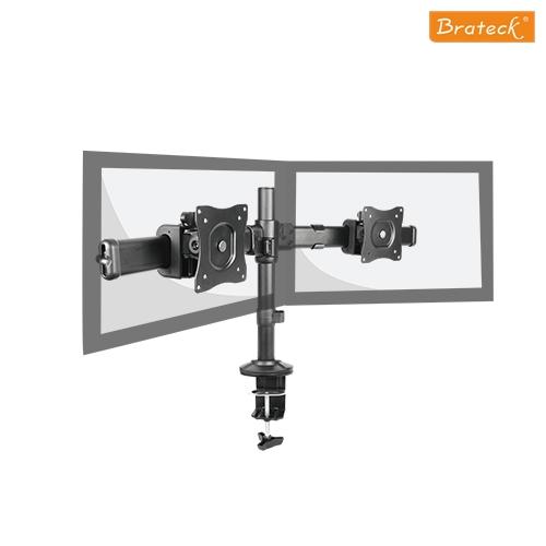 Brateck Dual Monitor Arm with Desk Clamp, supporting two monitors in a sleek design, showcasing ergonomic adjustments and cable management features.