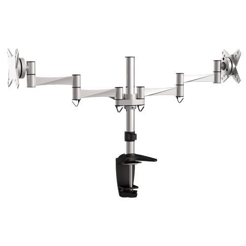 Brateck Dual Monitor Arm in Silver, supporting two 27-inch LCD screens with adjustable tilt and rotation features.