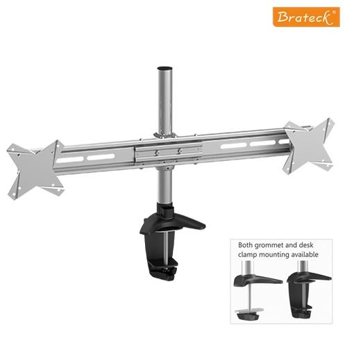 Brateck Dual Monitor Mount featuring two arms and a desk clamp, supporting 13'-27' monitors with elegant aluminum finish.