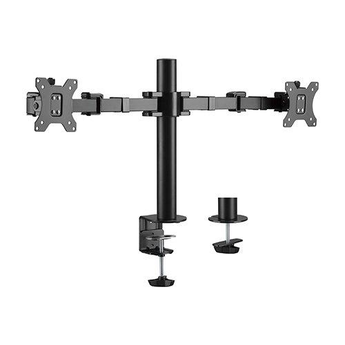 Brateck Dual Monitors Affordable Steel Articulating Monitor Arm showcasing adjustable height and swiveling arms for ergonomic viewing.