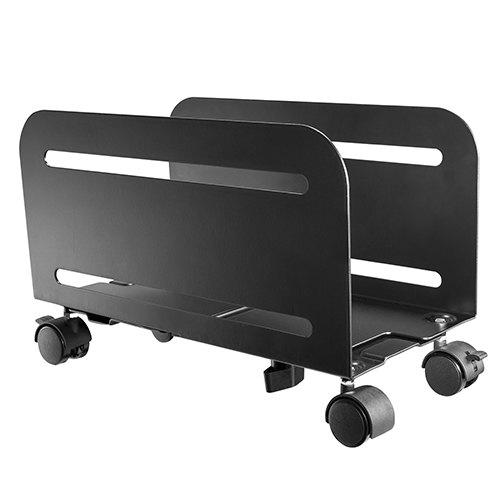 Brateck Mobile ATX Case Stand supporting a desktop computer, showcasing adjustable width and castor wheels for mobility.