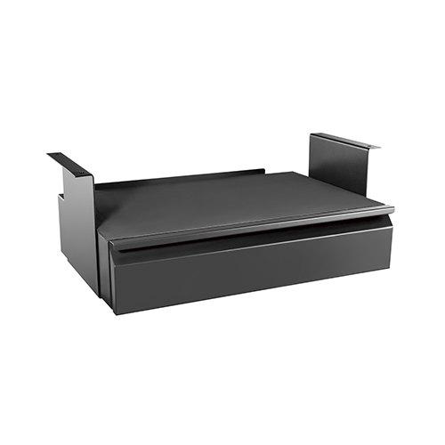 Brateck Space-Saving Under-Desk Drawer with Shelf, featuring a matte black finish and foam padding for device protection.