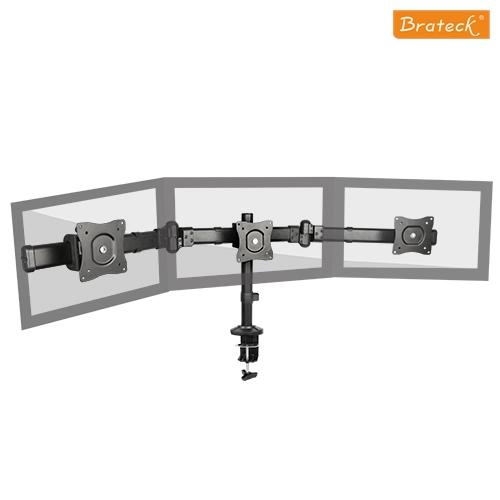 Brateck Triple Monitor Arm Mounts with Desk Clamp supporting three monitors, showcasing ergonomic design and cable management features.