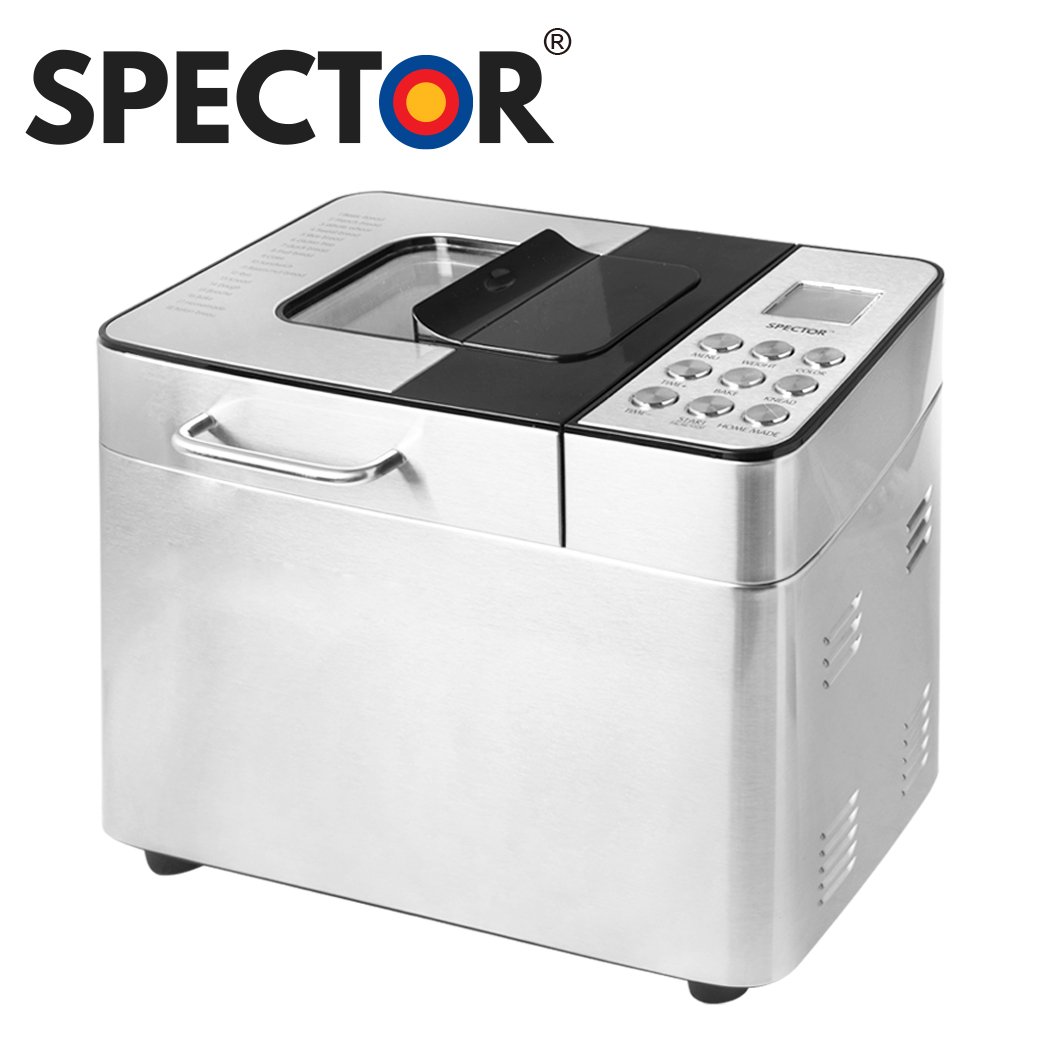 A sleek stainless steel Bread Maker Machine with a non-stick mixer paddle and kneading blade, showcasing its elegant design and LCD display.