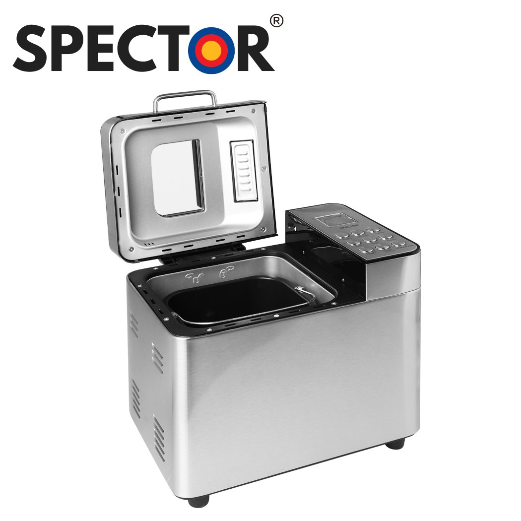 A sleek stainless steel Bread Maker Machine with a non-stick mixer paddle and kneading blade, showcasing its elegant design and LCD display.