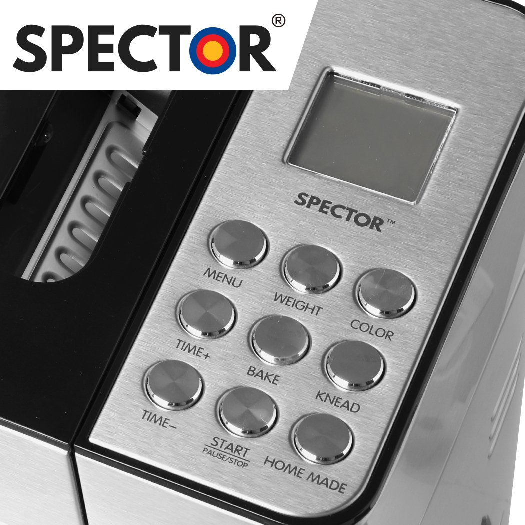 A sleek stainless steel Bread Maker Machine with a non-stick mixer paddle and kneading blade, showcasing its elegant design and LCD display.