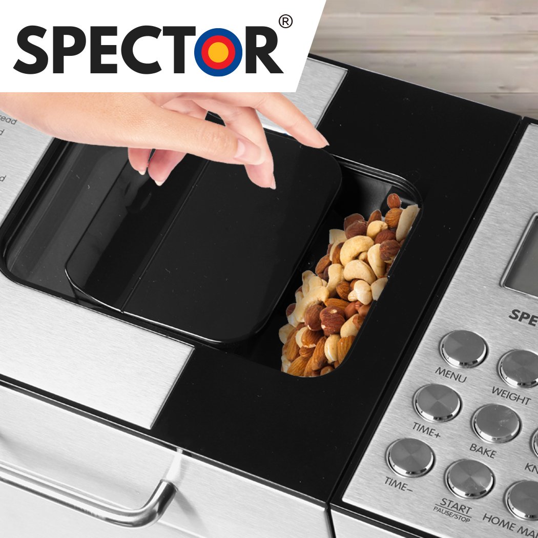 A sleek stainless steel Bread Maker Machine with a non-stick mixer paddle and kneading blade, showcasing its elegant design and LCD display.