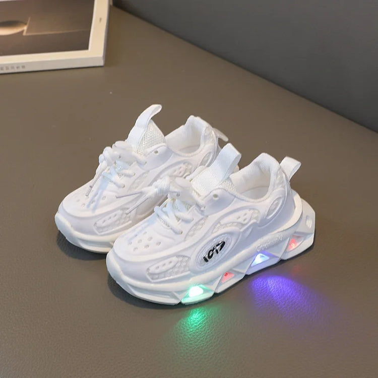 Breathable Lightweight Soft Sole Luminous Sports Casual Shoes with buckle design, glowing lights, and soft sole for comfort.