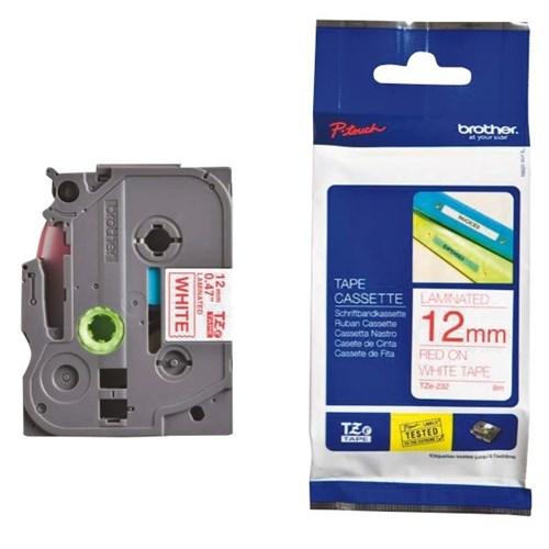 Brother 12mm Red on White TZE Tape cartridge with vibrant red label.