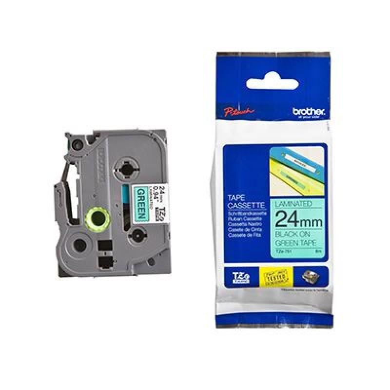 Brother 24mm Black on Green TZE Tape roll, showcasing vibrant black text on a green background, ideal for labeling.