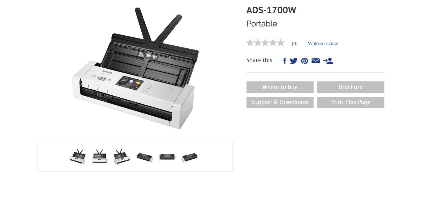 BROTHER ADS-1700W compact document scanner with a touchscreen LCD, showcasing its sleek design and user-friendly interface.