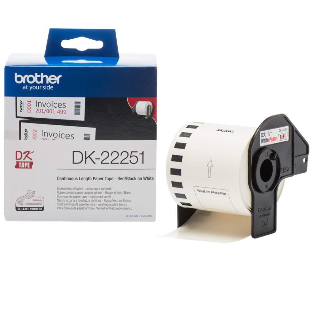 Brother DK-22251 Consumer Paper Roll, 62mm x 15.24m, featuring black and red print for versatile labeling.