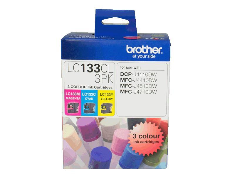 BROTHER LC133 Colour Value Pack containing cyan, magenta, and yellow ink cartridges, designed for high-quality printing.
