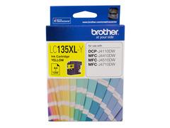 BROTHER LC-135XLY Yellow Ink Cartridge for Brother printers, showcasing its vibrant yellow color and packaging.