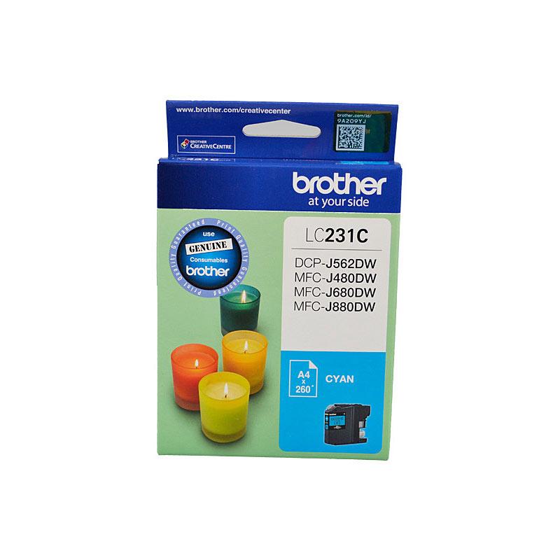 BROTHER LC231 Cyan Ink Cartridge with packaging, showcasing vibrant cyan color and branding.