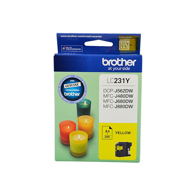 BROTHER LC231 Yellow Ink Cartridge with packaging, showcasing vibrant yellow color and branding.
